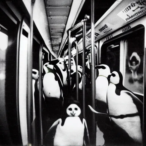 Prompt: penguins riding the subway in new york city in the 1 9 8 0 s, graffiti on the walls, polaroid photograph with flash