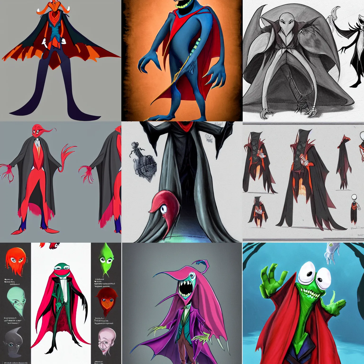 Prompt: concept art character with a vampire squid head and cape that is tall and thin with color inspiration from rolly crump character designer on the haunted mansion ride character sheets that focuses on an ocean setting with help from lead artist Andy Suriano for rise of the teenage mutant ninja turtles on nickelodeon that is trending on art station