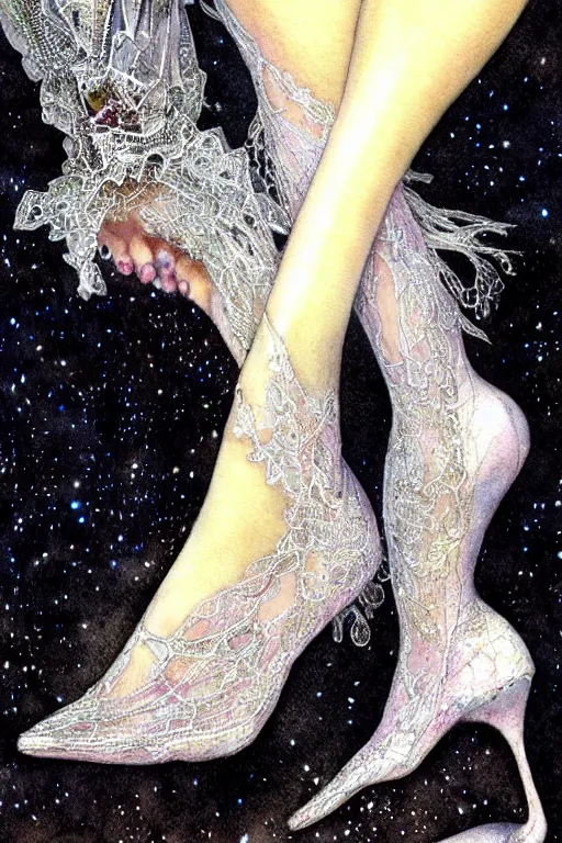 Prompt: realistic closeup of foot in crystal high heel shoe surrounded by lace fabric, fantasy art, trending on artstation, sleeping beauty fairytale, art by luis royo and walter crane and kay nielsen, watercolor illustration,