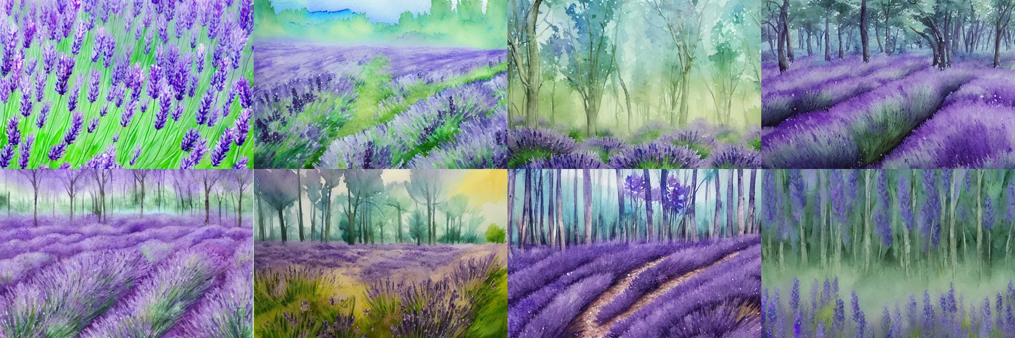 Prompt: Lavender forest, high quality watercolors, award winning, trending on ArtStation