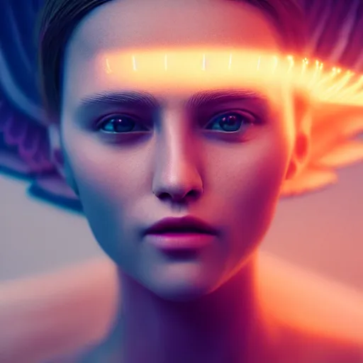 Image similar to portrait art of female angel by alessio albi 8 k ultra realistic, angel wings, lens flare, atmosphere, glow, detailed, intricate, full of colour, cinematic lighting, trending on artstation, 4 k, hyperrealistic, focused, extreme details, unreal engine 5, cinematic, masterpiece