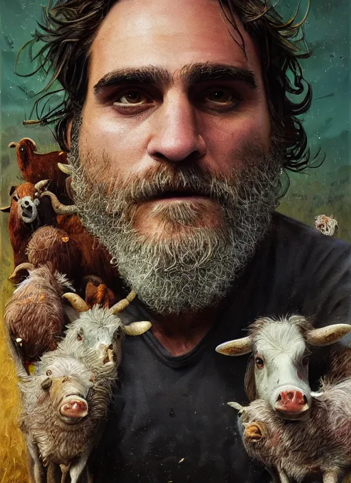 Prompt: a hyper detailed painting of joaquin phoenix surrounded by farm animals, cow, pig, sheep, chicken, horror, by anna podedworna, by miklos ligeti, by diego maricato, by taran fiddler, by antonino truisi, by chris reddie, by jinsung lim, trending on artstation