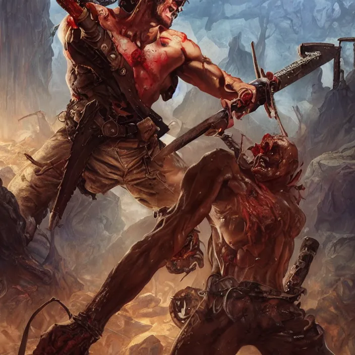 Prompt: Ash Williams from The evil dead, manowar album, Muscular man, chainsaw attached to hand, ripping demon torso, blood, artstation, concept art, smooth, sharp focus, highly detailed, illustration, art by artgerm and greg rutkowski and alphonse mucha