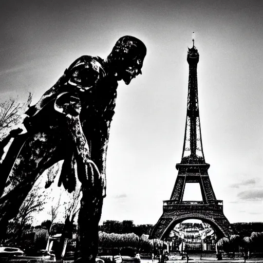 Prompt: the eiffel tower after the zombie apocalypse, dead zombies, black and white, 8k, high resolution, hyperrealistic