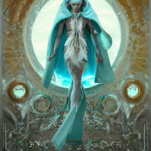 Image similar to an epic concept art of a handsome androgynous male snow elf with a bow in a turquoise cape and silver armour, albino skin, winter vibes, elegant, very coherent symmetrical artwork, by tomasz alen kopera and alphonse mucha, photorealistic, sharp focus, octane render, rtx, hdr, unreal 5, trending on artstation