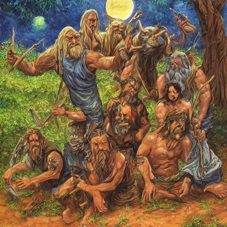 Prompt: a beautiful painting in the style of larry elmore of a stone man with his mystical friends at summer camp