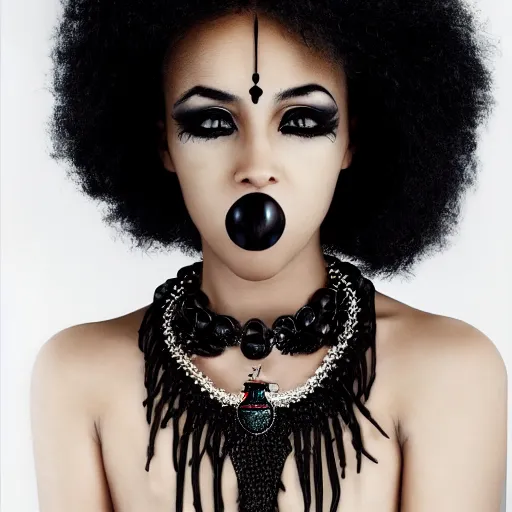 Prompt: a vibrant professional studio portrait photography of a black, young, goth, friendly, casual, delightful, gorgeous kirby howell, elegant black dress, piercing eyes, ankh necklace, intricate, femme fatale, annie leibovitz, nikon, breathtaking, superb, lensculture portrait awards, photoshopped, dramatic lighting, 8 k, hi - res