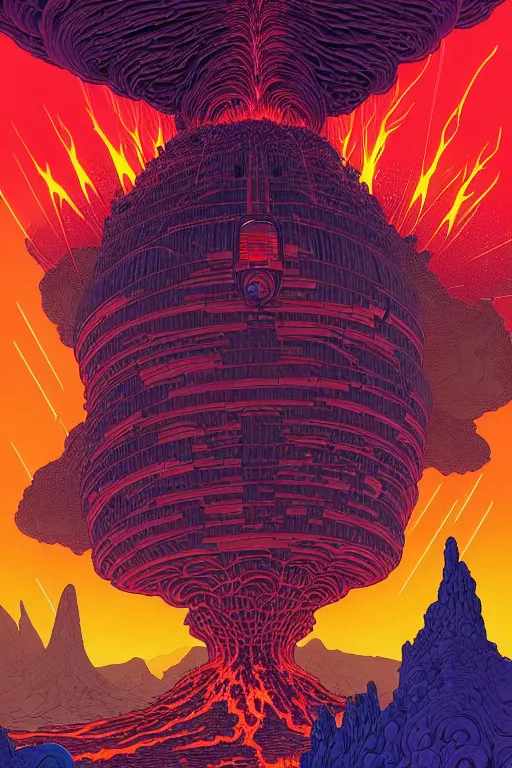 Image similar to artwork by kilian eng and ( dan mumford ) and toshi yoshida and franklin booth showing a gigantic futuristic powerstation!! in front of a ( ( exploding volcano ) ), vintage scifi, high details, dramatic lightning,, 8 k