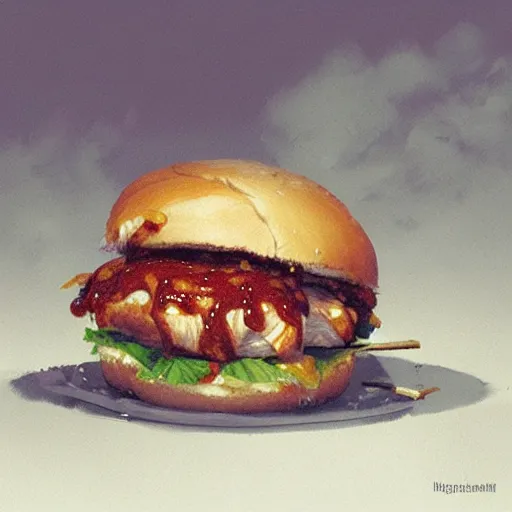 Image similar to a tender chicken sandwich covered in barbecue sauce, Greg Rutkowski