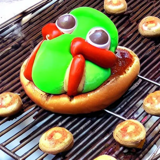 Image similar to pepe the frog in a hot dog bun piled on a grill