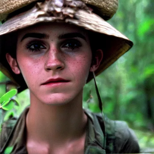 Prompt: film still, close up, portrait, emma watson soldier hiking through dense vietnam jungle, film still from apocalypse now ( 1 9 7 9 ), 2 6 mm, kodak ektachrome, blue tint ektachrome film,