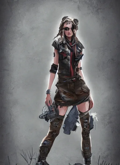 Image similar to post - apocalyptic woman character art, wearing a jacket and a miniskirt, digital art, character concept, trending on artstation