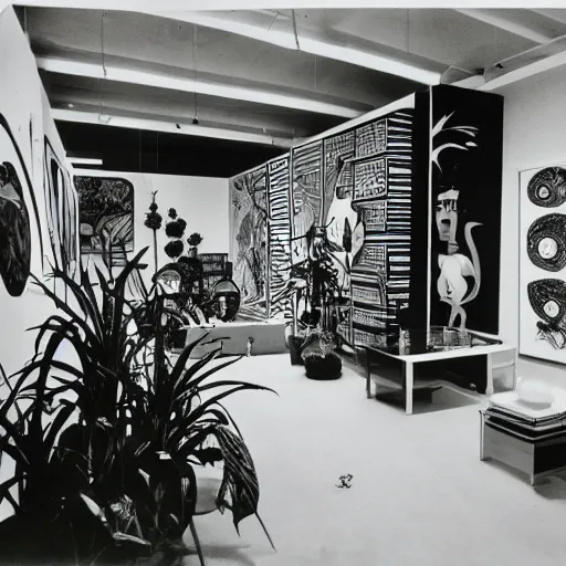 Prompt: A black and white photo in sérigraphie of an exhibition space with works of Sun Ra, Marcel Duchamp and tropical plants, 60s style, art magazine