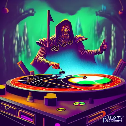 Image similar to fantasy painting of a dj set with turntable in a fantasy dungeon in the style of dnd,