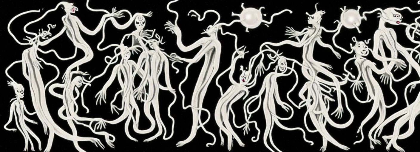 Prompt: whimsical uncanny creatures with flagella shaped like yin yangs from the depths of the collective unconscious, dramatic lighting, surreal dark 3 0 s cartoons