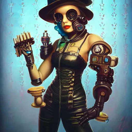 Prompt: Lofi Steampunk Cyberpunk Bioshock Pokemon portrait Pixar style by Tristan Eaton Stanley Artgerm and Tom Bagshaw.