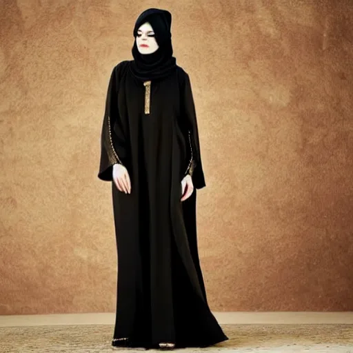 Image similar to A full body portrait of Emma Stone wearing Black Arabian khaleeji abaya Abaya, high quality, fully detailed, 4k