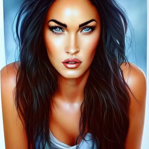 Image similar to “Megan Fox airbrush paintings, ultra detailed portrait, 4k resolution”