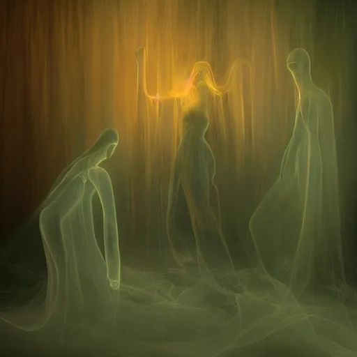 Prompt: Ghostly figures, moving dimensionally through a grand room flanked bursting flames inside a room cloaked in silky gold, green and pink. Golden ratio, soft light, subtle movement, photograph, Trending on artstation H 768