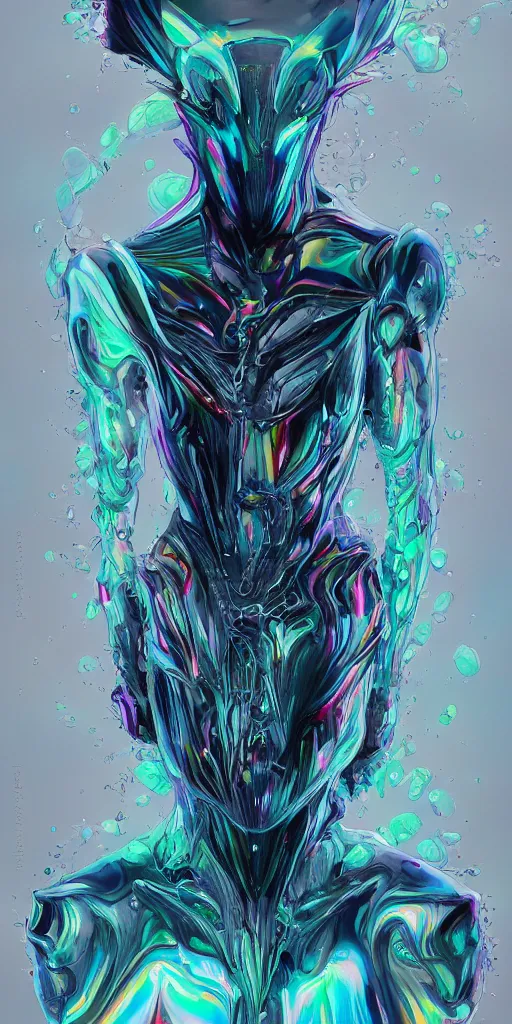 Prompt: symmetrical liquid surface form fused with human form fashion outfit concept design, rainbow iridescent accents, full body frontal view, Peter mohrbacher, zaha hadid, tsutomu nihei, emil melmoth, zdzislaw belsinki, Craig Mullins, yoji shinkawa, trending on artstation, beautifully lit, hyper detailed, insane details, intricate, elite, ornate, elegant, luxury, dramatic lighting, CGsociety, hypermaximalist, golden ratio, octane render, weta digital, micro details, ray trace, 8k,