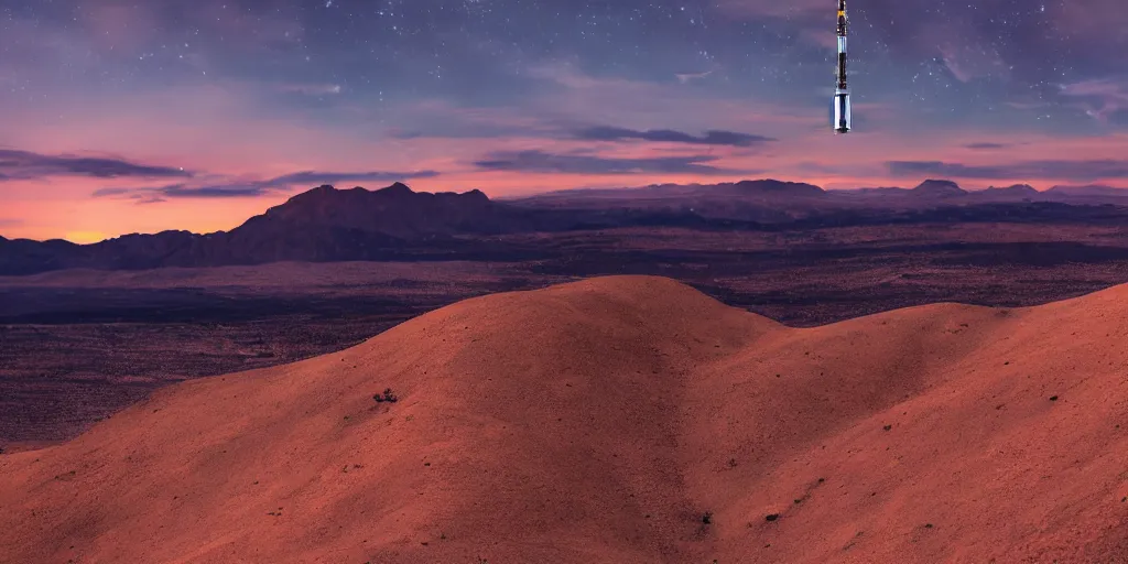 Prompt: professional photograph of a space elevator in the middle of the desert, sunset, mountains, clouds, stars in the background