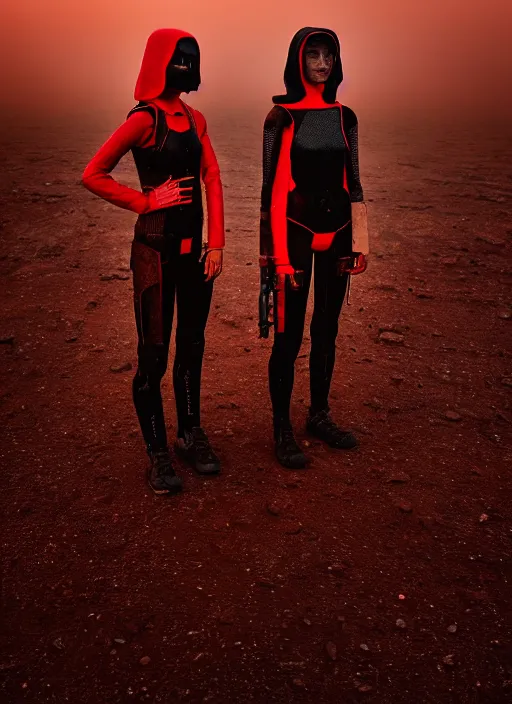 Image similar to cinestill 5 0 d photographic portrait by steve mccurry of two loving female androids wearing rugged black mesh techwear on a desolate plain with a red sky, extreme closeup, cyberpunk style, dust storm, 8 k, hd, high resolution, 3 5 mm, f / 3 2, ultra realistic faces, ex machina