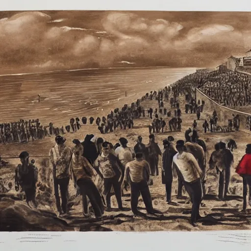 Image similar to This print depicts a scene from the Spanish Civil War, which was a time of great turmoil and strife in Spain. The print shows a group of people on a beach, with the ocean in the background. The people in the print are all different sizes and shapes, and they are all looking in different directions. The print is full of color and movement, and it is very expressive. The print is also very powerful and emotional, and it has a very strong impact on the viewer. Shutterstock by Antoine Blanchard perspective