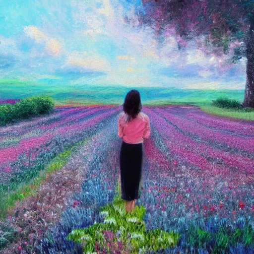 Image similar to woman standing in flower field, mattepainting, artstation, impressionism, big flower on shoulders