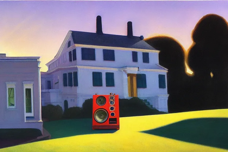 Prompt: a stunning and detailed painting of a boombox shaped house by edward hopper, 8 k, behance award winner, gradient shading, inspirational architecture, rembrandt lighting, golden hour