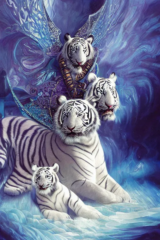 Prompt: a beautiful ultradetailed painting of the empress on a throne made of waves and ice with her white tiger guardian by Karol Bak, blue and purple colour scheme, volumetric lighting.