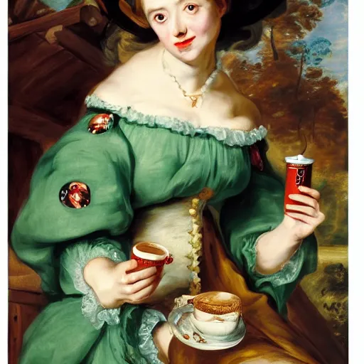 Image similar to heavenly summer sharp land sphere scallop well dressed lady drinking a starbucks coffee paper cup, auslese, by peter paul rubens and eugene delacroix and karol bak, hyperrealism, digital illustration, fauvist, starbucks coffee cup green logo