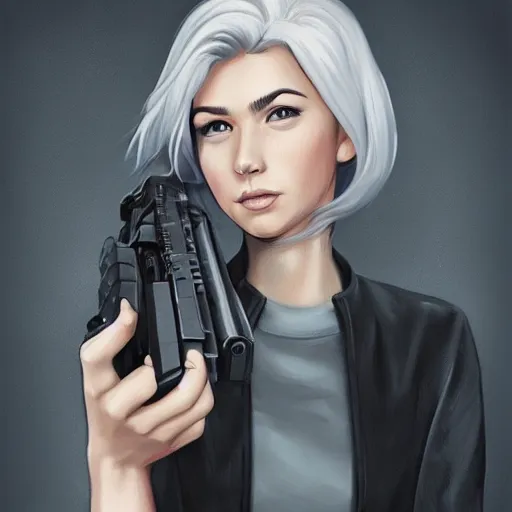 Prompt: a girl wearing a business, she has grey hair and is holding a gun, digital painting, smooth, hd, realist, artstation, deviantart, art by tran ross and