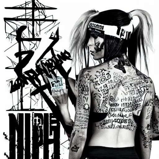 Image similar to die antwoord chappie, back and white, zef design graffiti in the background, dark lighting, digital art