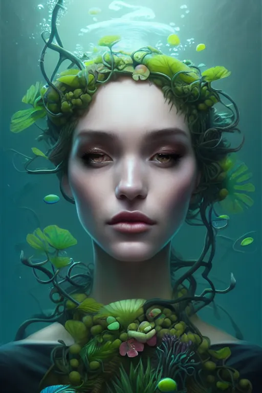 Prompt: tropical vines flowers!! windy murky underwater garden, wearing a glass cloak! with a beautiful symmetrical face!!! cinematic lightning, murky dusty deep, smoky eyes, isolated, studio lighting by artgerm, brom, yuri shwedoff and tom bagshaw