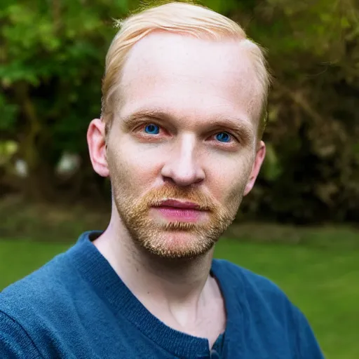 Image similar to photographic portrait of an English man, 37 years old, short golden blonde hair, balding, blue-green eyes, very pale white skin, an earring on left ear, very thin lips, smirking, posing in a garden, under bright sunlight