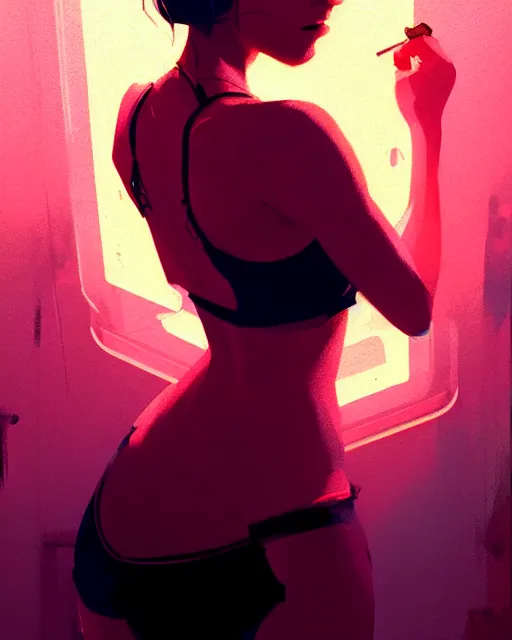 Image similar to neo - noir, hyper - realistic portrait of a girl in a tank top, intricate, 4 k, by atey ghailan, by greg rutkowski, by greg tocchini, by james gilleard, by joe fenton, by kaethe butcher, dynamic lighting, lighting color scheme, sharp focus, grunge aesthetic