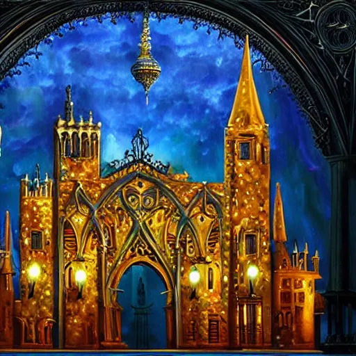 Image similar to live performance stage, ornate gothic style with lights and large sound speakers, by Megan Duncanson and Raphael Lacoste, detailed 3d gothic oil painting