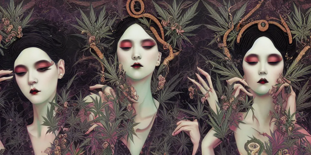 Image similar to breathtaking detailed concept art painting art deco pattern of goth goddesses amalgamation cannabis, by hsiao - ron cheng, bizarre compositions, exquisite detail, extremely moody lighting, 8 k