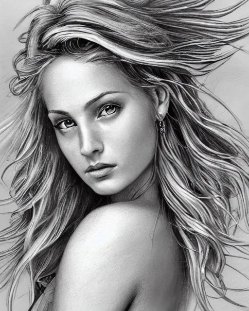 Image similar to pencil drawing of beautiful greek goddess aphrodite with arrowhead jewelry, beautiful piercing eyes, beautiful blonde hair flying in the wind, hyper realistic face, in the style of greg rutkowski, fantasy, amazing detail, epic, elegant, smooth, sharp focus, from the front