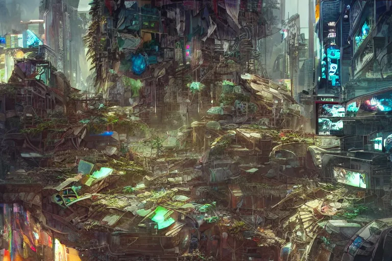 Image similar to a cyberpunk city in ruins, jungle plants overgrowing the streets and buildings, a few cats run through the ruins, by artgerm and amano and rutkowski and kincaid, trending on artstation