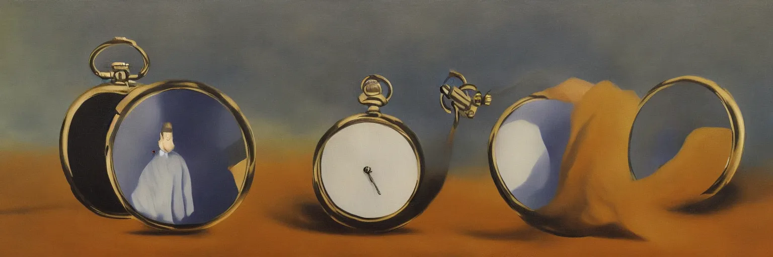 Prompt: pocket watch painting magritte