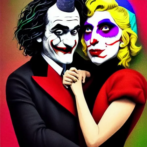 Image similar to ilya yefimovich repin and mimmo rottela and banksy as joaquin phoenix skinny joker, holding hand, lady gaga harley queen, ultra photorealistic, intricate details, pop art style, concept art, confident posse, perfect models anatomy, justify content center, 2 colours, warm color, 4 k, ultra smooth, sharp focus