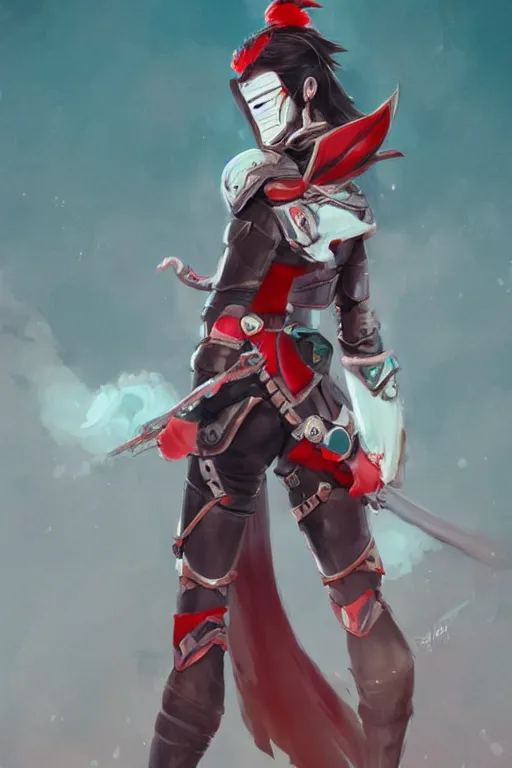 Prompt: female adventurer in tight full - body teal leather armor of japanese design with red accents and a white porcelain crow mask, trending in artstation, japanese, by sakimichan establishing shot