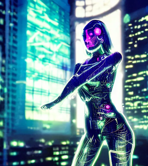 Image similar to portrait_photo_of_a_stunningly beautiful cybernetic maiden with neon light and a futuristic city at night behind her, 19th century, hyper detailed by Annie Leibovitz, Steve McCurry, David Lazar, Jimmy Nelsson, professional photography