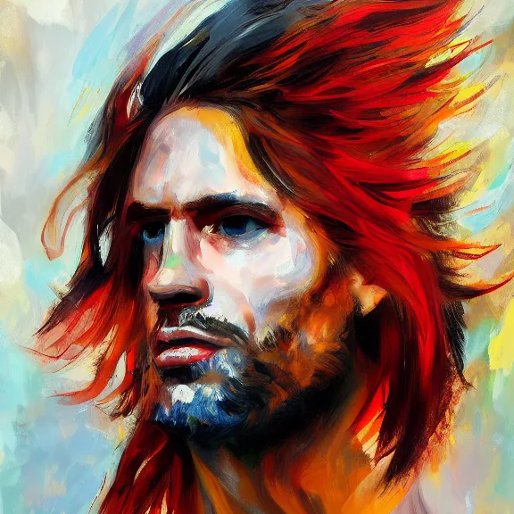 Image similar to abstract painting of man on fire. Handsome. Long hair. portrait. ArtStation. Impressionist