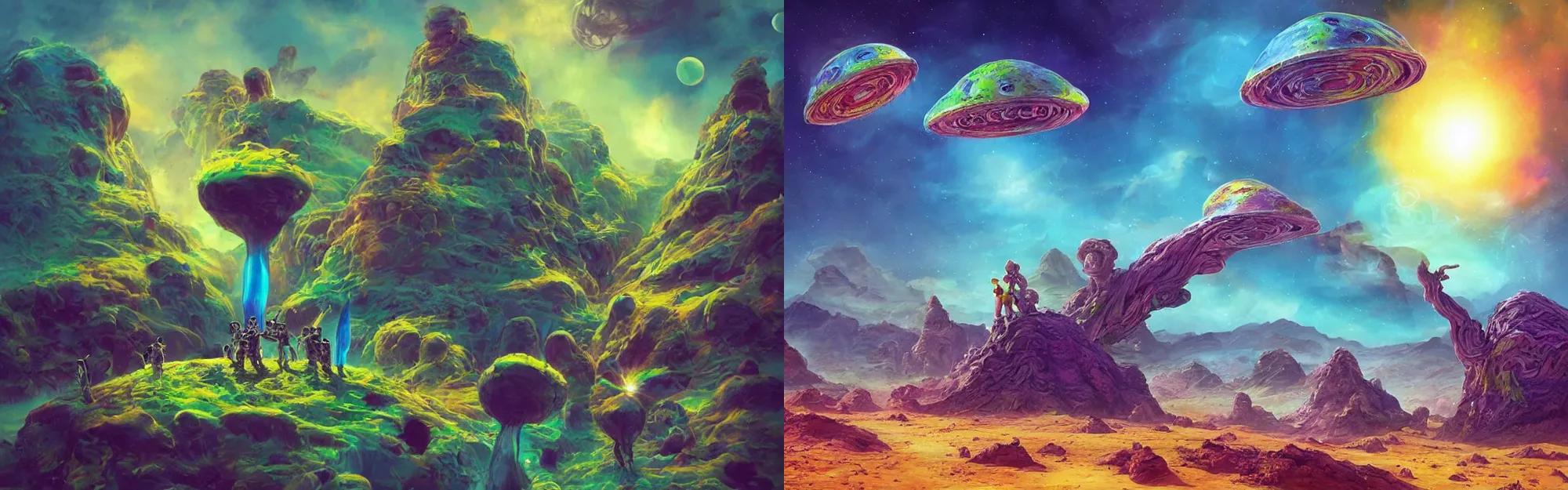 Image similar to “Cute aliens on a beautiful Colorful planet terrain” they are happy and waving to us, matte painting, concept art, digital art, Hyperdetailed, Anne Stokes, H R Giger , 4K,