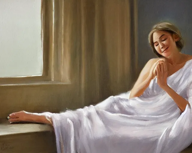 Image similar to a beautiful painting of a relaxed smiling woman in a soft night gown sitting with her eyes closed on a loose pile of soft fabrics infront of a window with the blinds drawn shut. one shoulder strap is falling off her shoulder. there is a flower vase near her. by richard s. johnson, trending on deviantart, painterly,