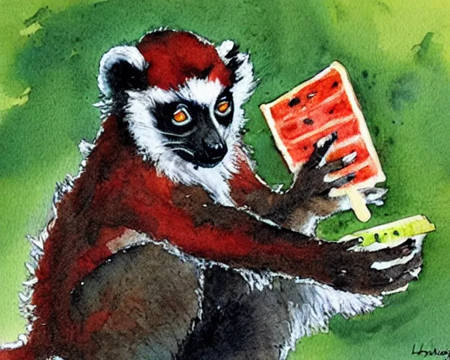 Image similar to a bright happy bill waterson watercolour of a lemur eating a watermellon popsicle