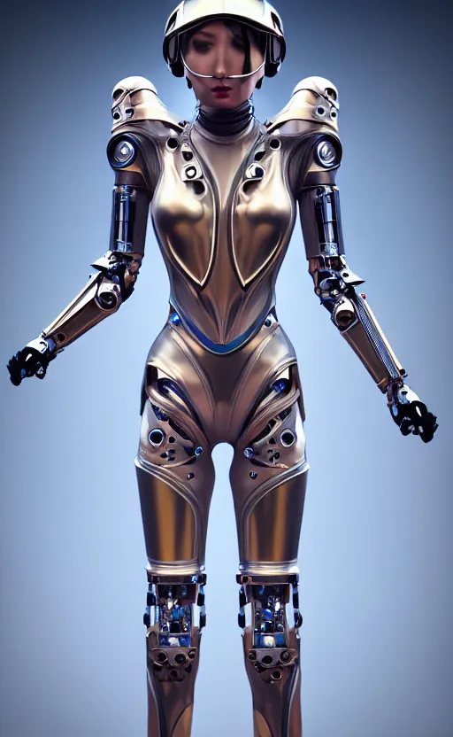 Prompt: ornate beautiful hourglass feminine futuristic cyborg in full body skin space suit, helmet, concept art, joshua rife, photoshoot, intricate, highlydetailed, space background, artstation 4 k raytracing, shadows, highlights, illumination