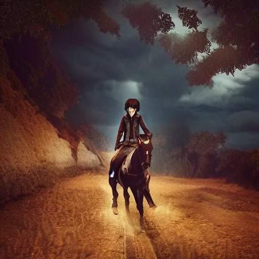 Image similar to eren yeager riding minecraft horse, beautiful face, stunning, octane render 8 k hdr, redshift render, rule of thirds, cinematic lighting, rainy weather, melancholy atmosphere, sharp focus, backlit, smooth, hard focus, full body shot, instagram photo, shot on sony a 7 iii, hyper realistic, cinematic